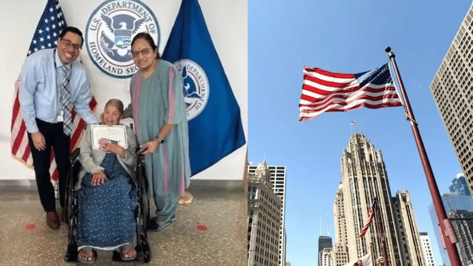 Elderly Indian woman holding US citizenship certificate