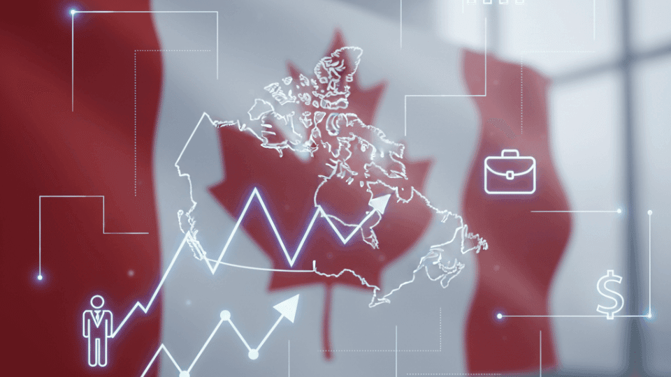 Canadian flag with immigration documents and graphs