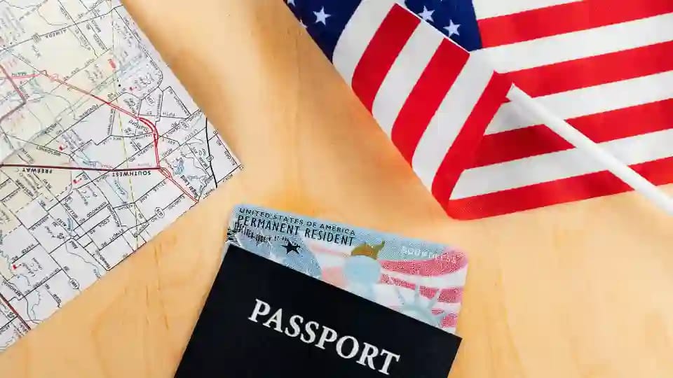 USCIS seal on American flag background with social media icons